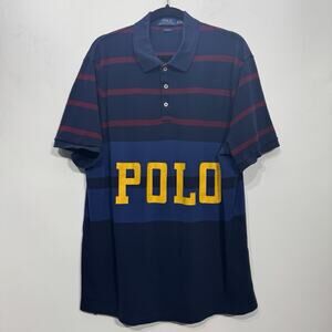 POLO Ralph Lauren Mens Striped Rugby Polo Shirt Sz XL Blue Spell Out Logo Preppy